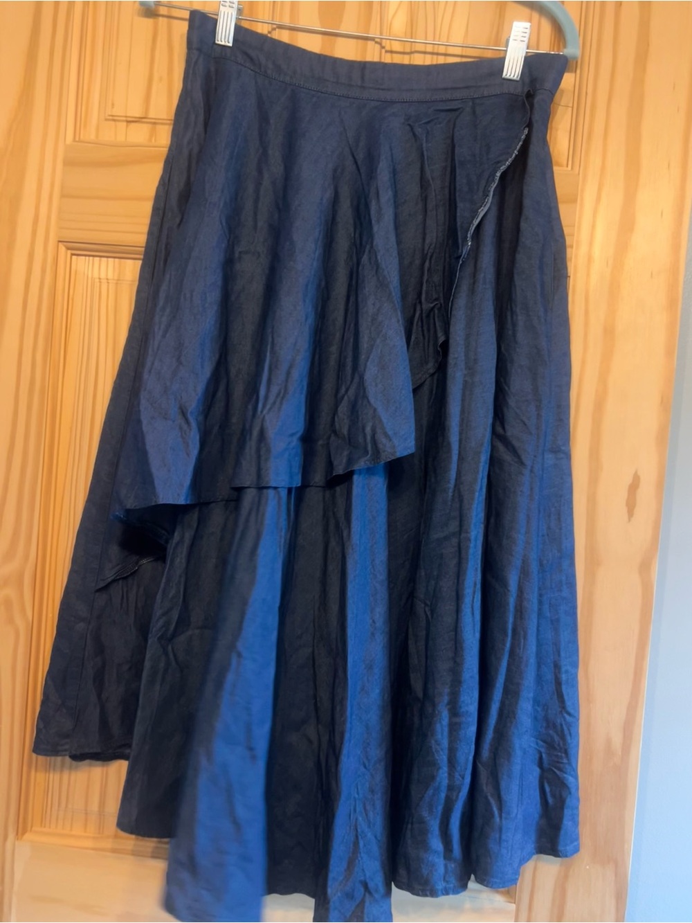 Louche tiered high low denim skirt - Chambray, back zip, boho -size 8/ US 4/6